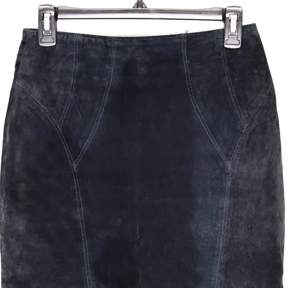La Nauvelle Renaissance Skirt Womens 6 8 Black Suede Leather Lined Pencil Vtg